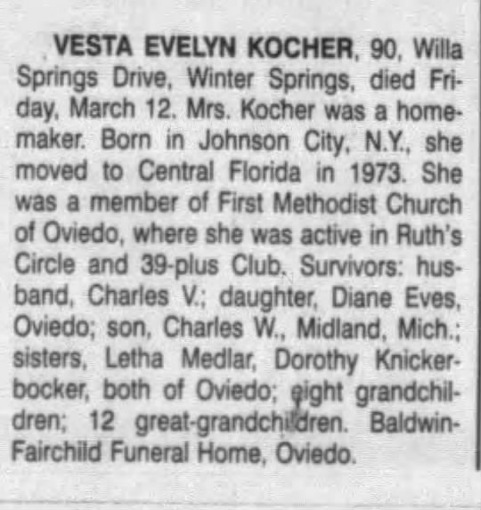 Obituary for VESTA EVELYN KOCHER (Aged 90)