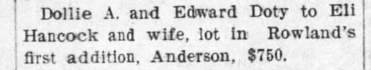 The Call-Leader (Elwood, Indiana)
16 Nov 1908, Mon
Dollie & Edw Doty - R.E. Transfer