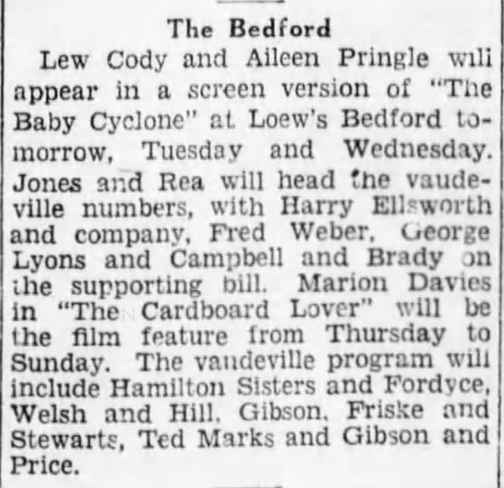 Bedford Theater, Brooklyn eagle Oct. 7, 1928. Hamilton Sisters and Fordyce.