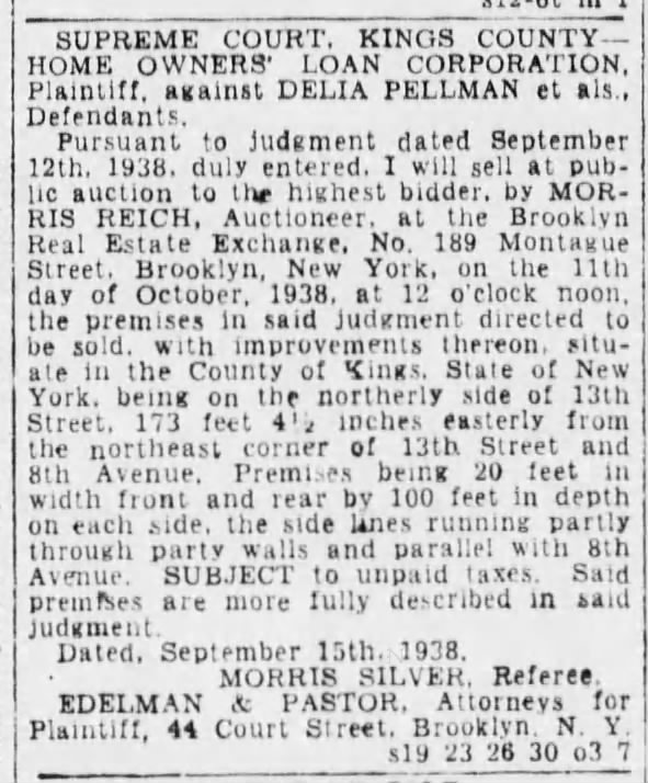 Delia Pellman - property taxes unpaid, Brooklyn Daily Eagle 23 Sep 1938 p29