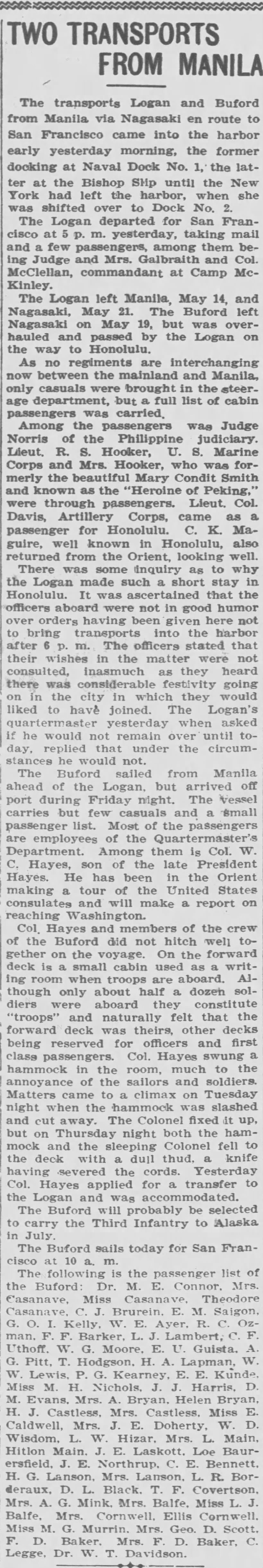 The Buford sails from Manila.
Casanave's aboard- 5 June 1904