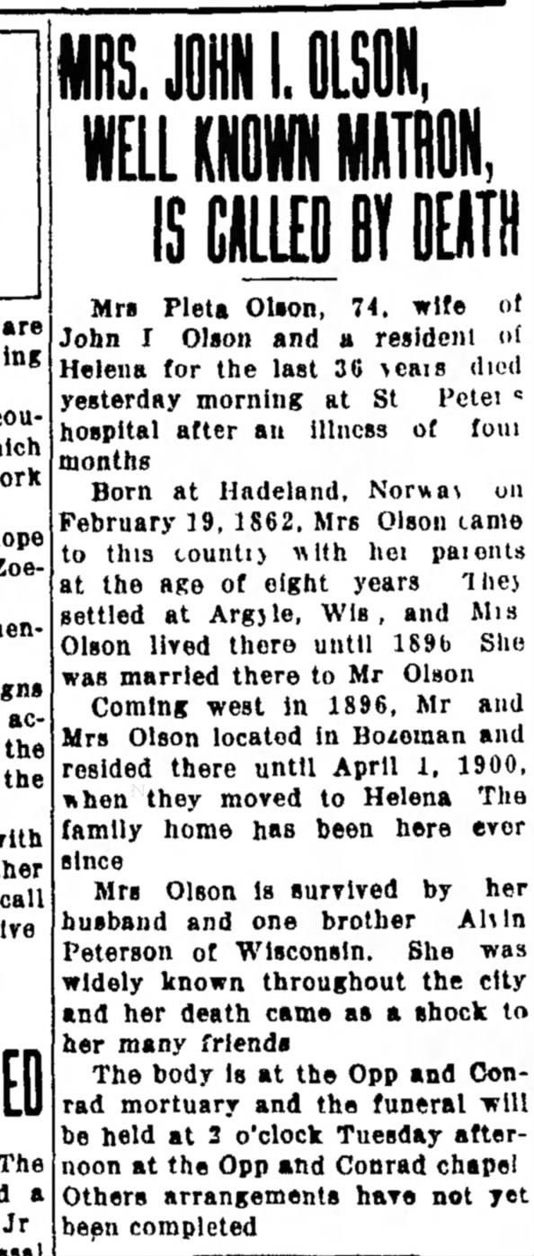 Mrs. John I. Olson, 1936, Hadeland Emigrant