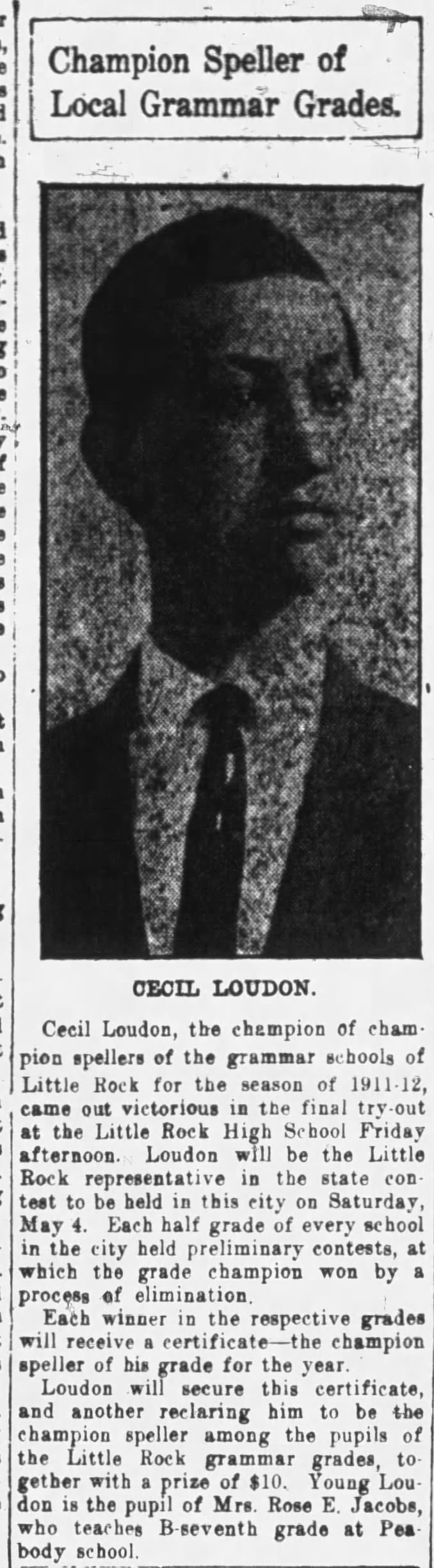 Cecil Loudon - Champion Speller - 1912 Arkansas