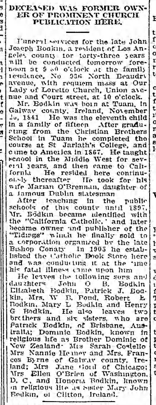 John Joseph Bodkin obituary 1918 California