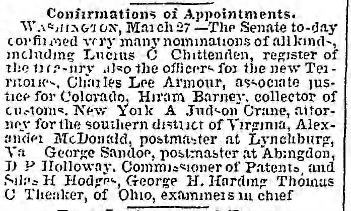 Charles Lee Armour, associate Justice for Colorado - March 1861