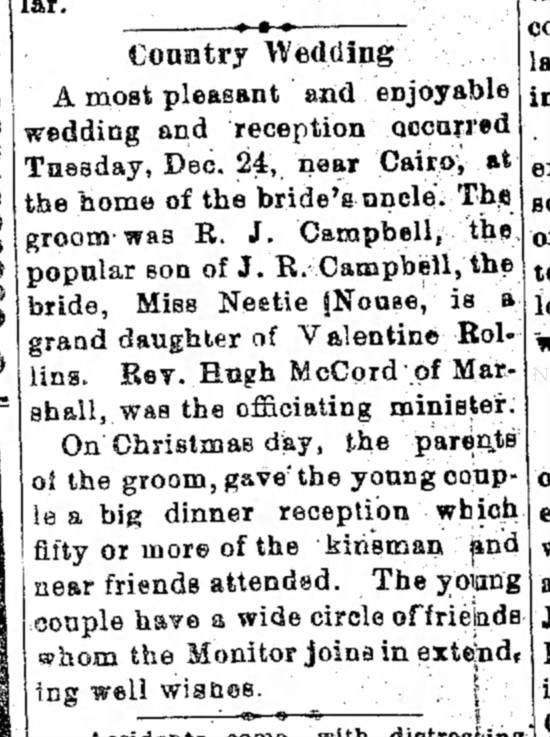 Neta Knaus and Roy J Campbell marriage - Moberly Weekly Monitor - 2 Jan 1902 p2