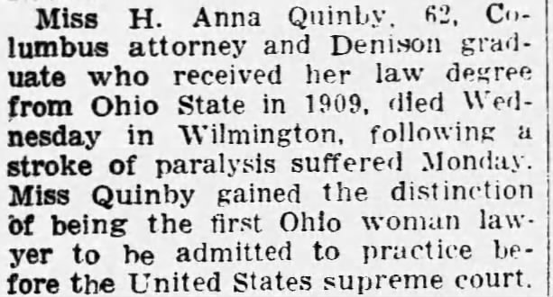 Obit. Miss H. Anna Quinby. Died 28 Oct 1931, Wilmington, Ohio.