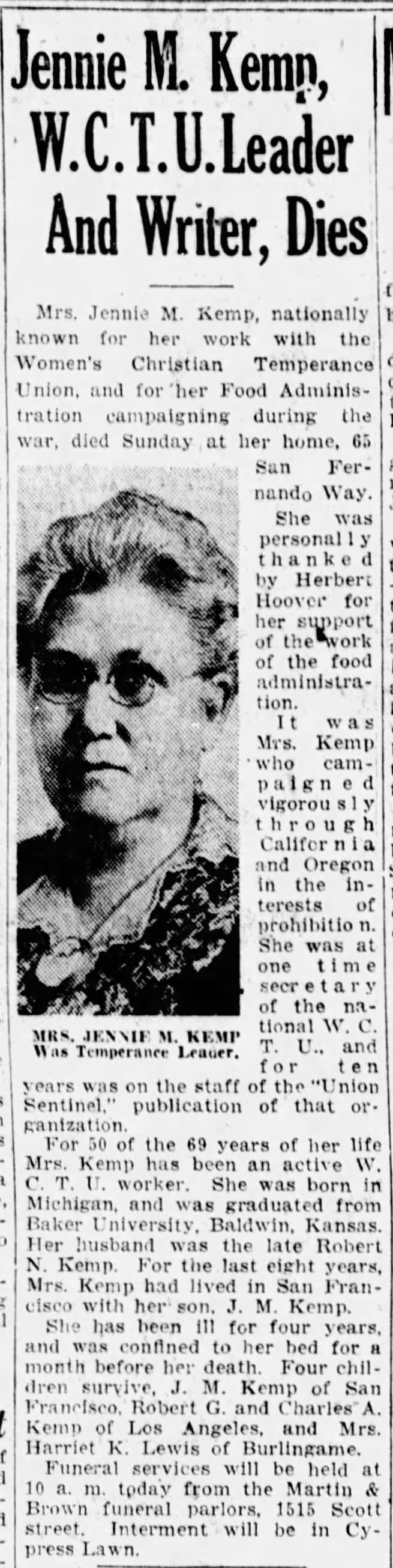 Jennie M. Kemp. Died 15 Apr 1928, San Francisco.