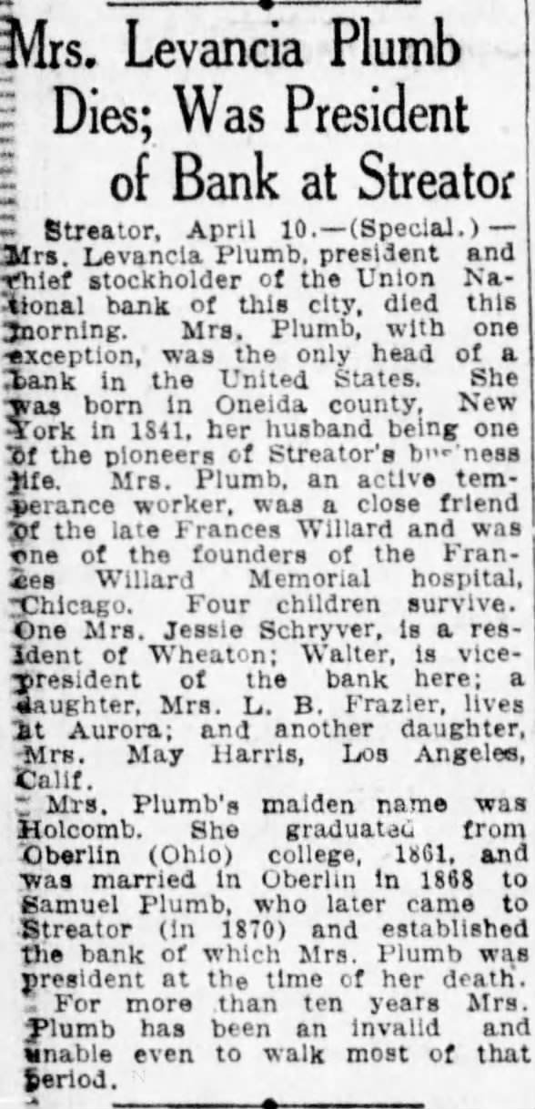 Mrs. Levancia Plumb Dies; Was President of Bank at Streator