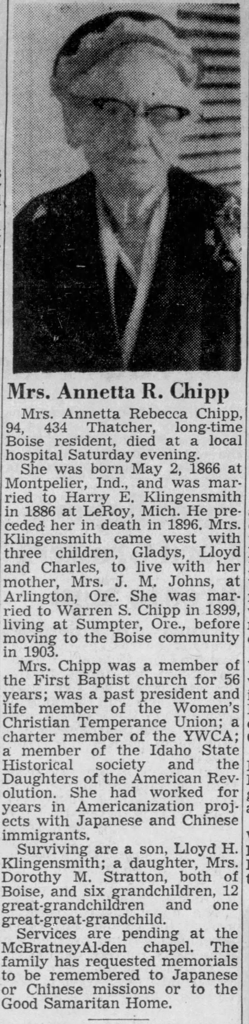 Obituary, Annetta Rebecca Chipp. Died in Boise, Idaho, March 25, 1961.