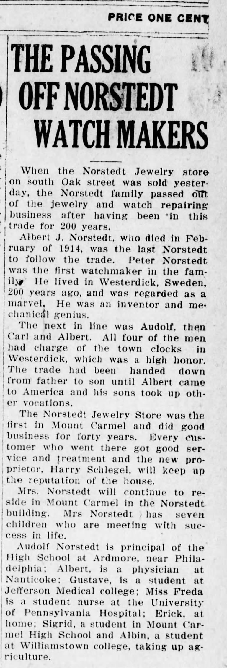 99 years ago! The passing of the Norstedt Jewelery Store