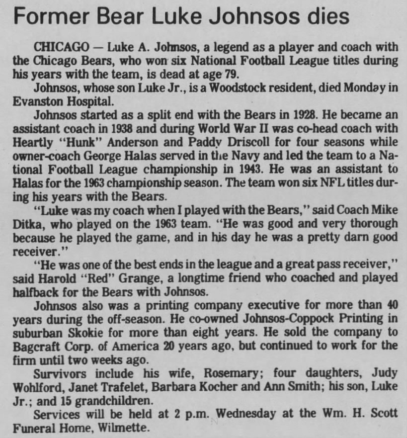 Former Bear Luke Johnsos dies