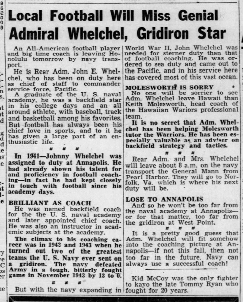 Local Football Will Miss Genial Admiral Whelchel, Gridiron Star