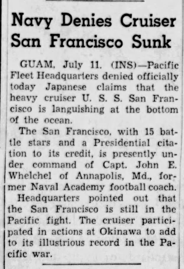 Navy Denies Cruiser San Francisco Sunk