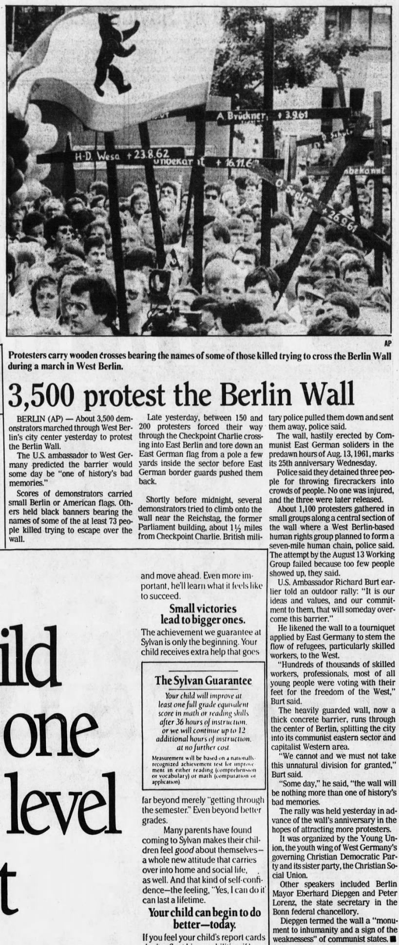 Protest in West Berlin against the Berlin Wall brings thousands
