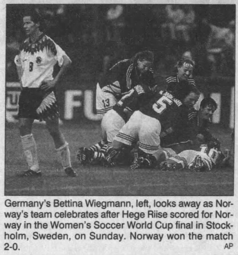 Norway pictured celebrating as they overcame Germany to win the 1995 Women’s World Cup
