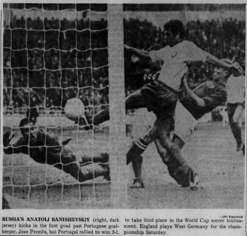 Russian player scores against Portuguese goalkeeper in 1966 World Cup