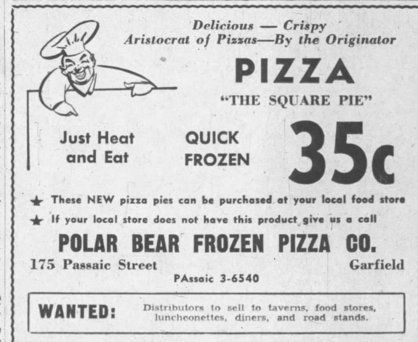polar bear frozen pizza ad Passaic NJ 1949