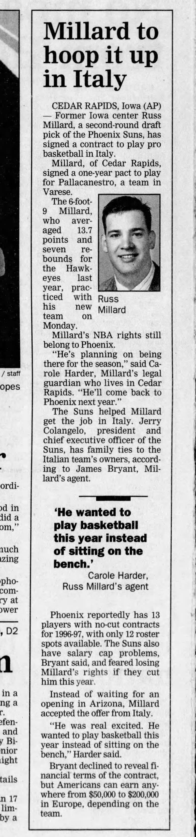 Russ Millard travels to Italy to play basketball 08-14-1996