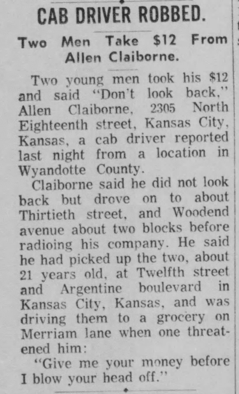 Allen Claiborne Cab Driver Robbed The Kansas City Times Missouri 16 Nov 1962 Page 41