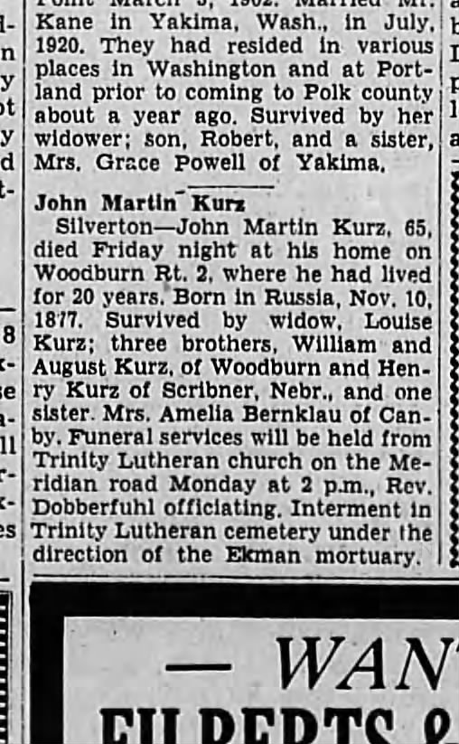 John Martin Kurz, Daily Capital Journal, Salem, Oregon 10 Oct 1942