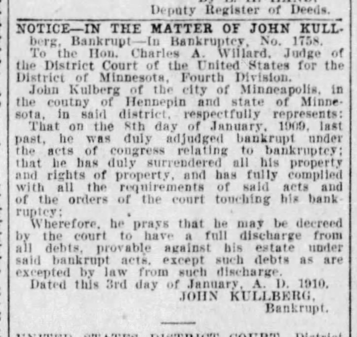 Kullberg John bankruptcy Jan 1910