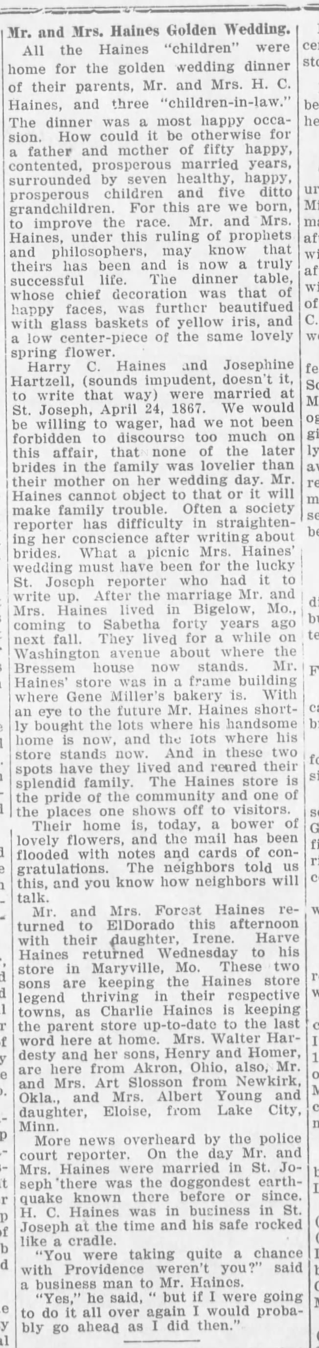 50th Wedding Anniversary, Henry Clay Haines (1844-1924) and Josephine Hartzell (1850-1925)