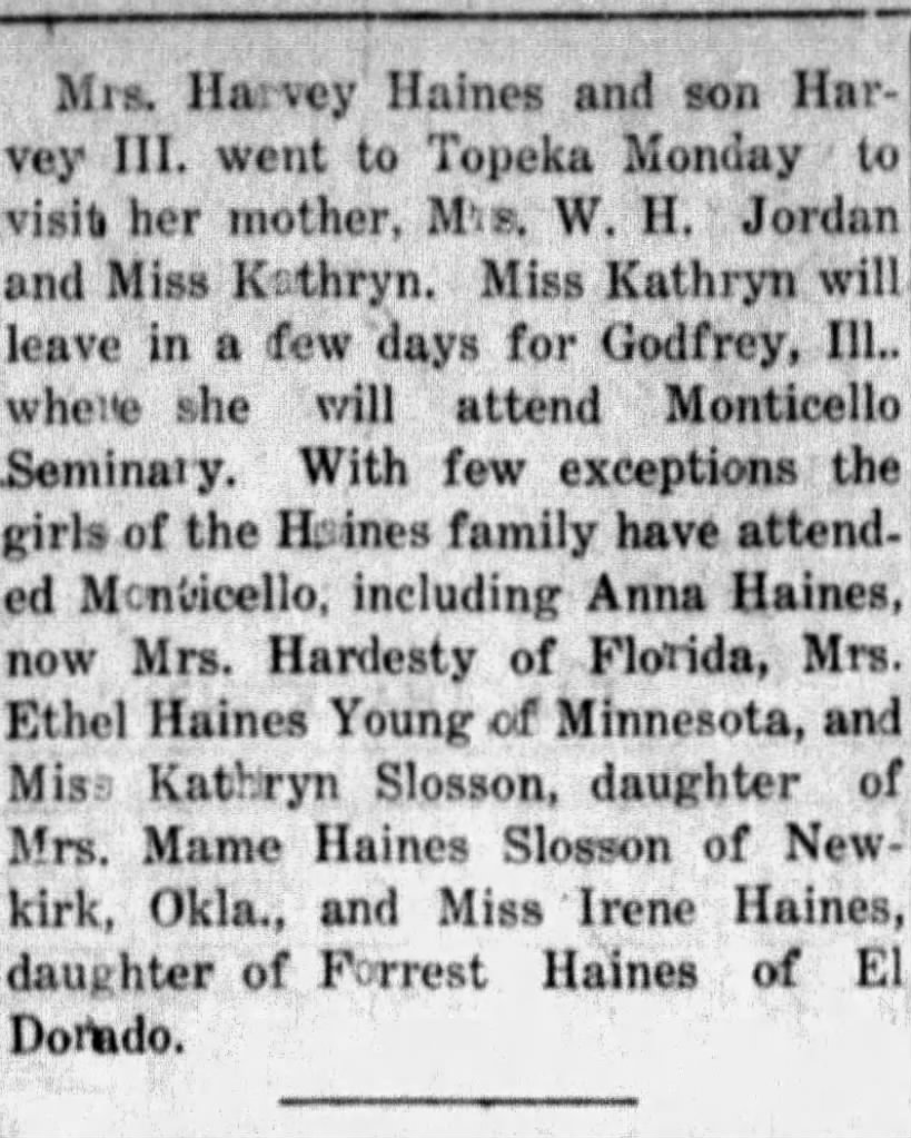 Anna (Haines) Hardesty (1881-1931) attended Monticello Female Seminary, Godfrey, Illinois
