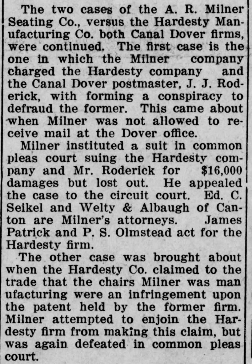 A.R. Miler Seating Co. v Hardesty Manufacturing Co. cases continued