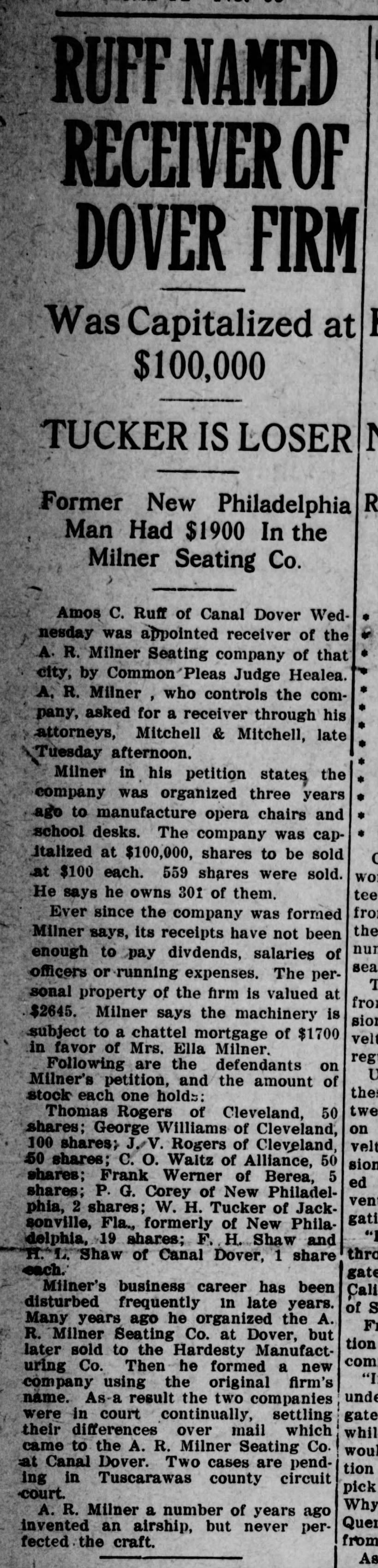 Albert Russel Milner (c1857-1938) firm goes into receivership