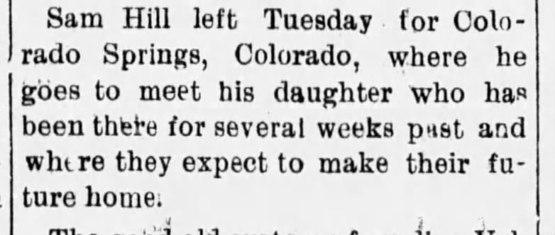 Sam Hill leaves for Colorado Springs, CO to live with daughter Gertrude