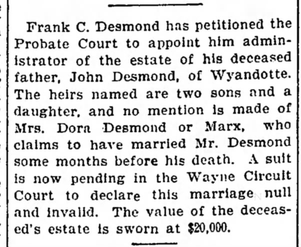 Suit to declare Dora and John Desmond's marriage null