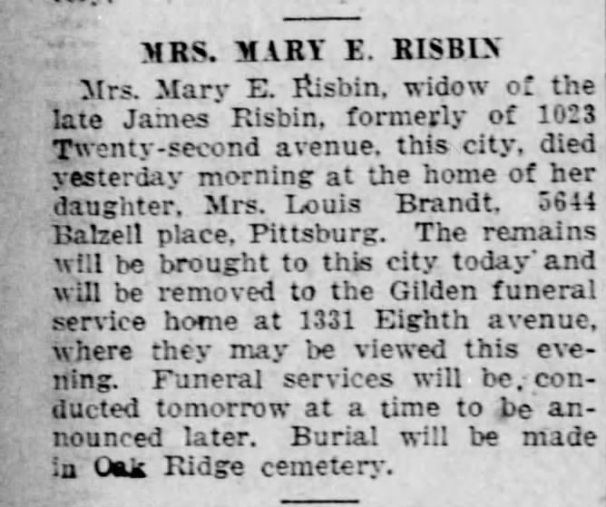 Obit - Mrs. Mary E. Risbin (wife of James "Risdon")