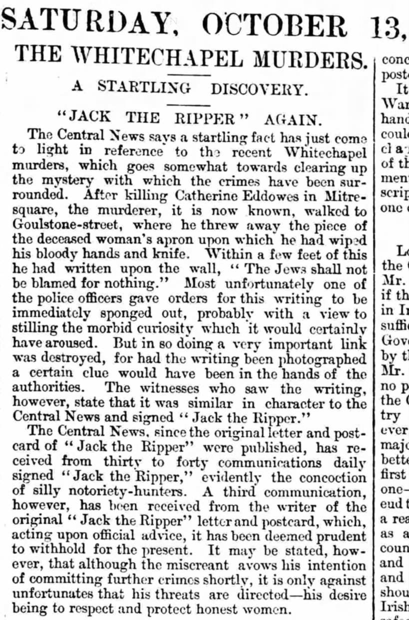 Whitechapel Murders, Lancaster Gazette, Oct 13, 1888, p7