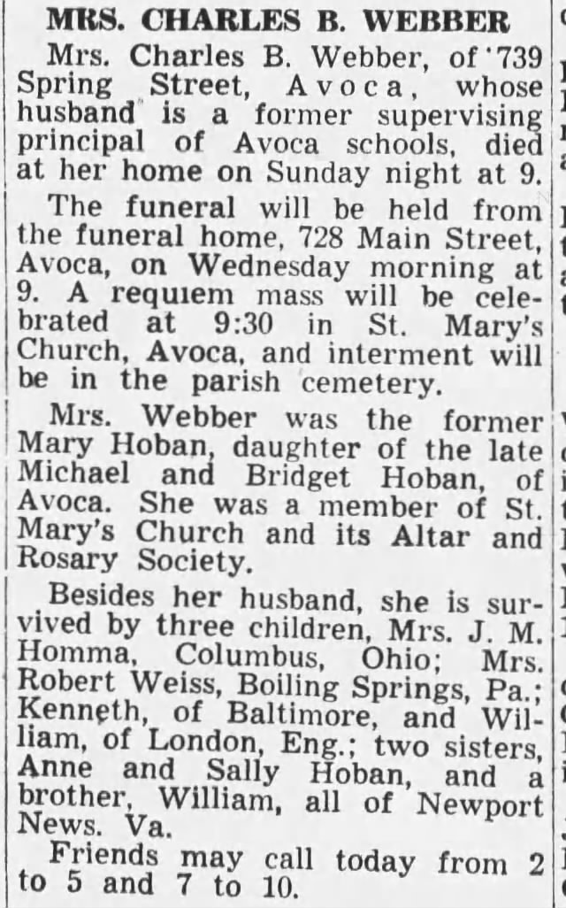 Mary Hoban Webber obituary 22 July 1947.  Wilkes-Barre Record