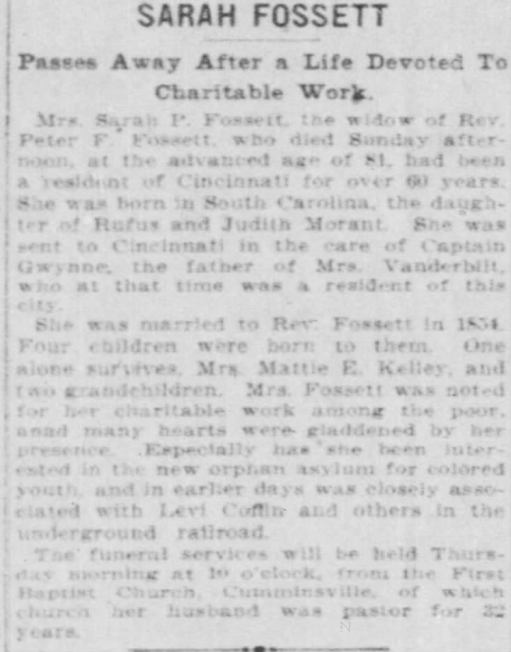 Sarah Walker Fossett obit-The Cincinnati Enquirer (Cincinnati OH), 5 Dec 1906, p. 5:3.