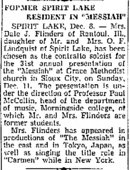 Mrs Dale J Flinders in Messiah daughter of Mrs O F Lindquist