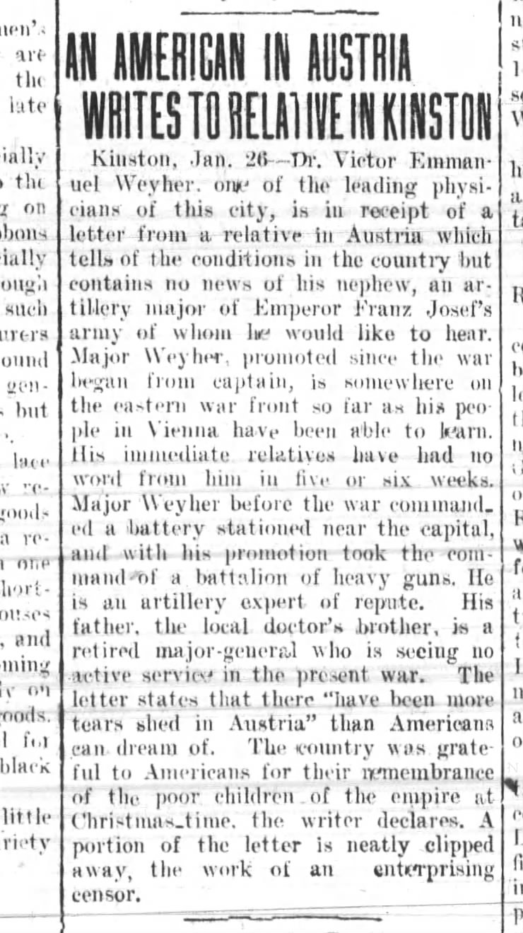 Kinston History  Dr. Weyher's family in Austria
Winston-Salem Journal  Jan.27, 1915