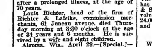 death annoucement of louis richter The Weekly WIsconsin 6-May-1899 pg 5