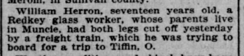 William Herron 17 lost his legs trying to hop a train for Tiffin Ohio
