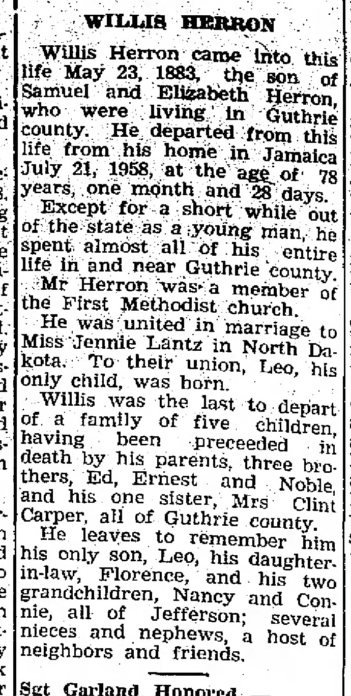 Obit: Willis Herron 1883-1958. Bayard News, Iowa 31 Jul 1958