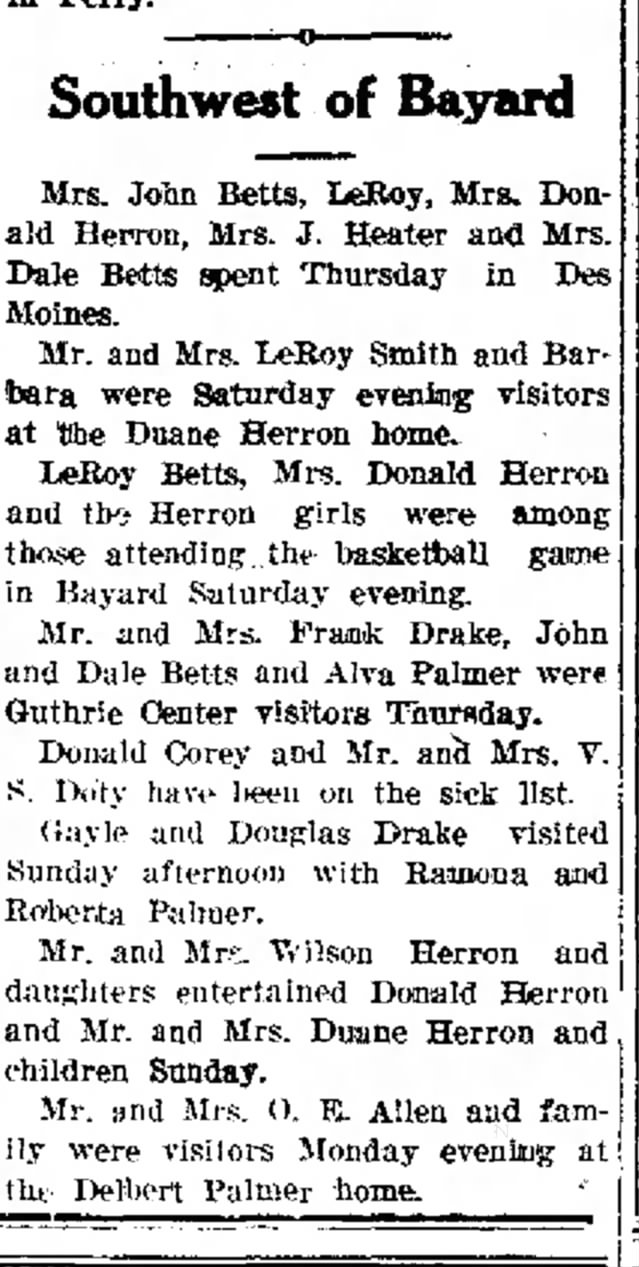 Donald Herron, J Heater, Wilson Herron, Duane Herron in the Bayard News, Ia 20 Dec 1945