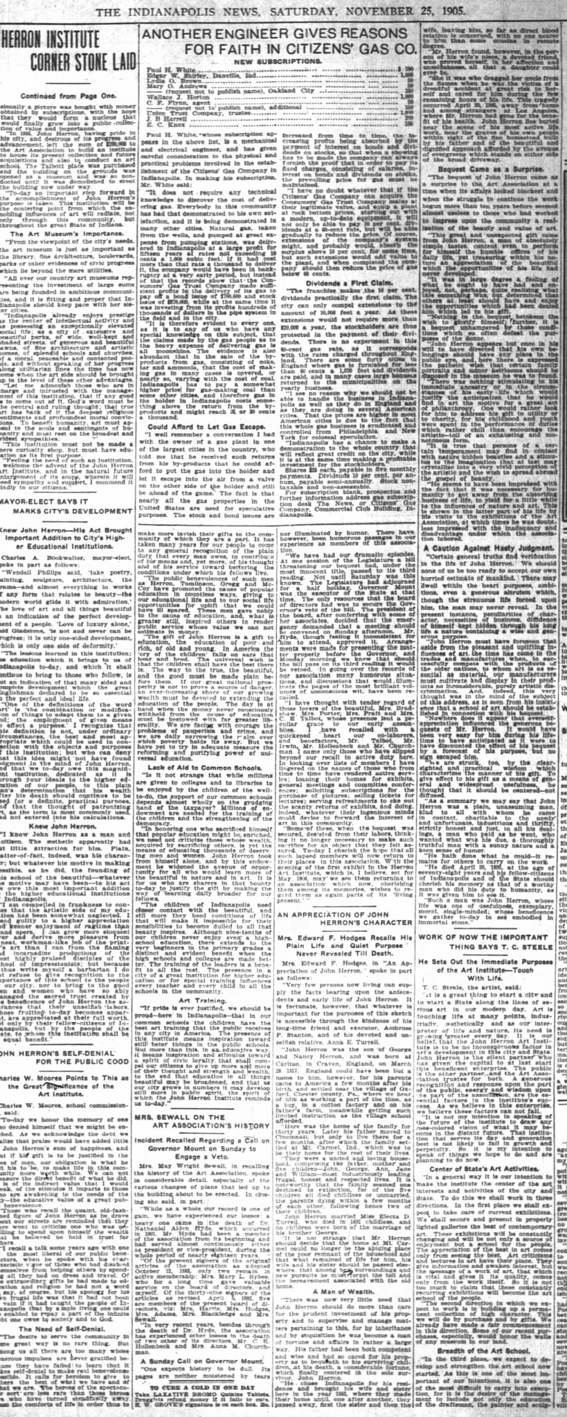 Indianapolis News, Indiana 25 Nov 1905. Re: John Herron