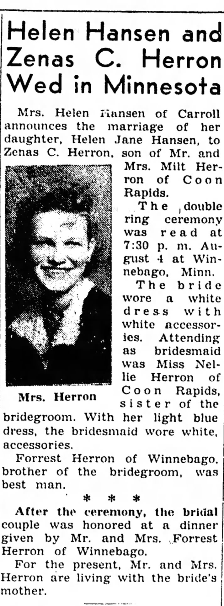 Milt Herron weds Helen Jane Hansen in Minn.1946
