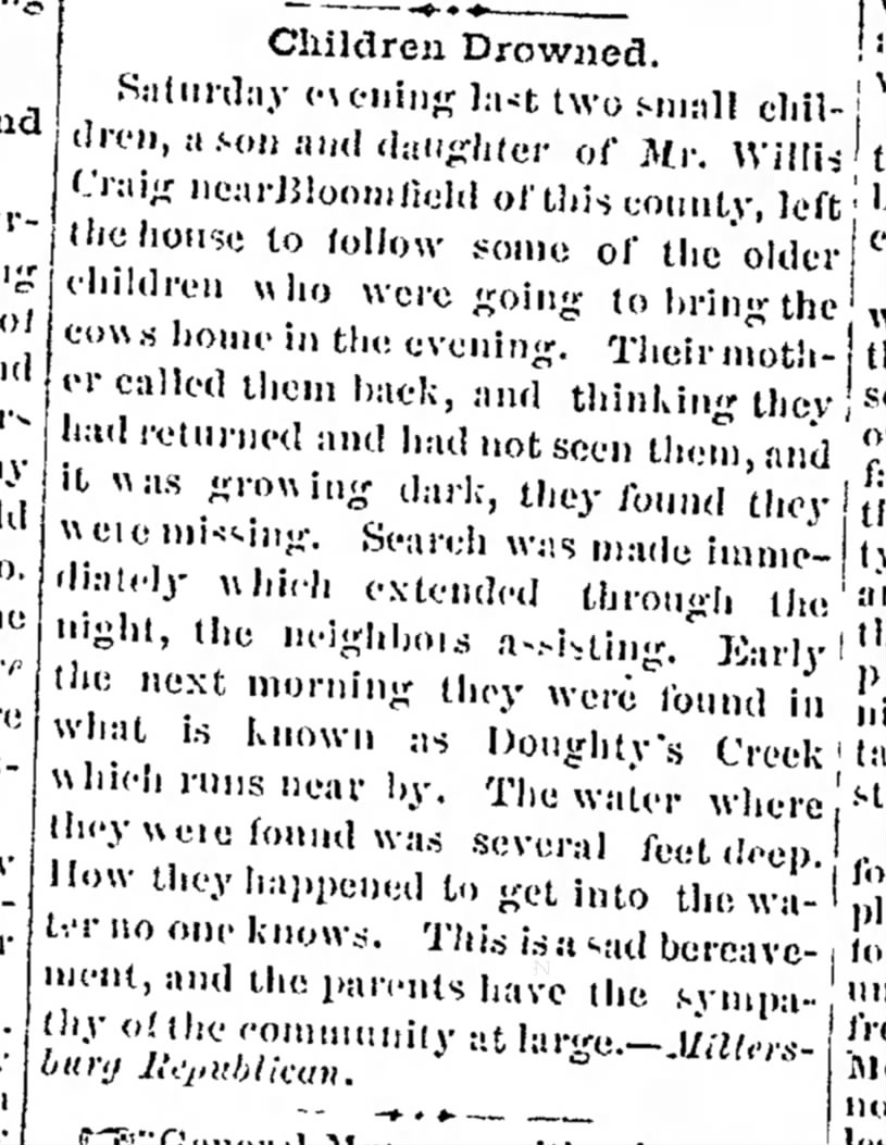 willis craig: 2 children drowned Aug 1871