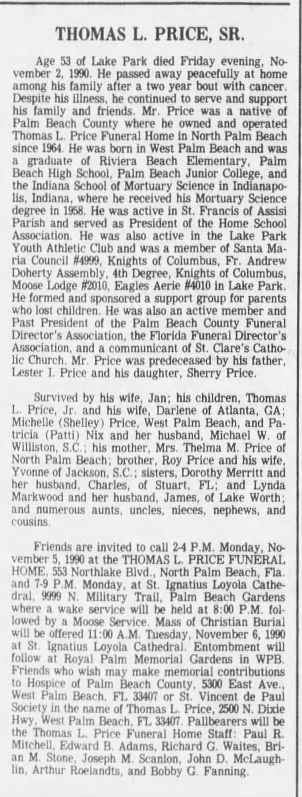 Thomas L. Price, Sr., Obit, 11/5/1990