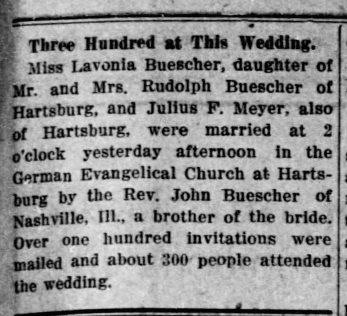 Julius F. Meyer and Lavonia Buesher wedding announcement.