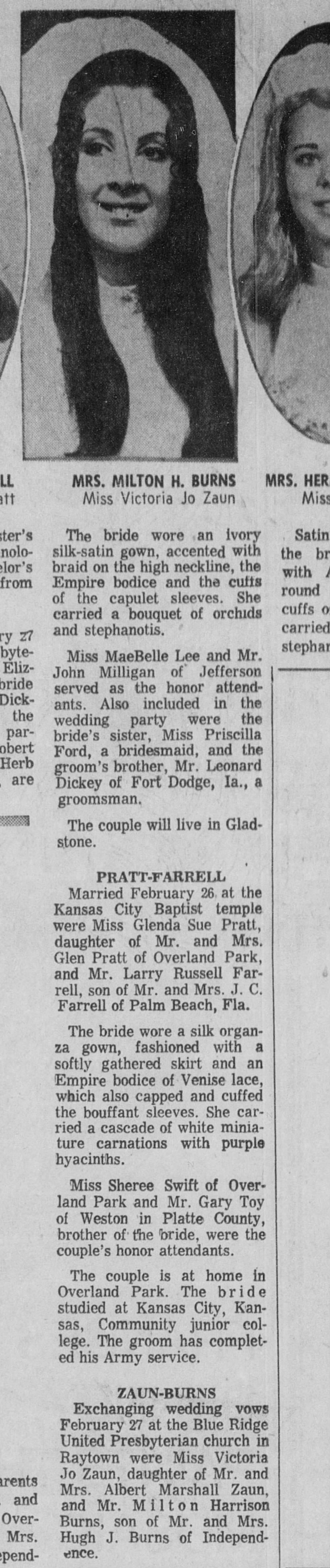 Victoria Jo Zaun marries Milton Harrison Burns 2/27/1971 Blue Ridge Presbyterian Church, Raytown, MO