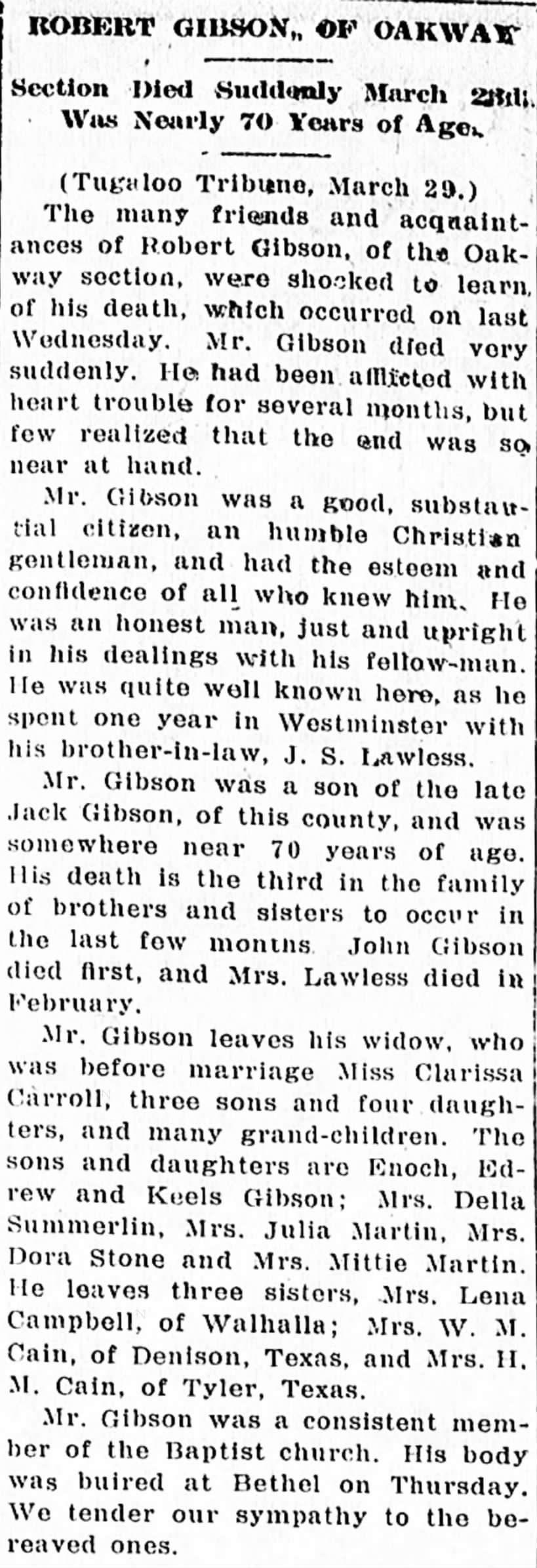 6 Apr 1921 Keowee Courier; Robert Gibson son of Jack Gibson