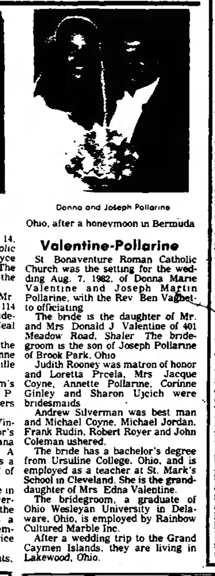 Joe and Donna Polalrine Wedding Announcement 10 Sept 1982